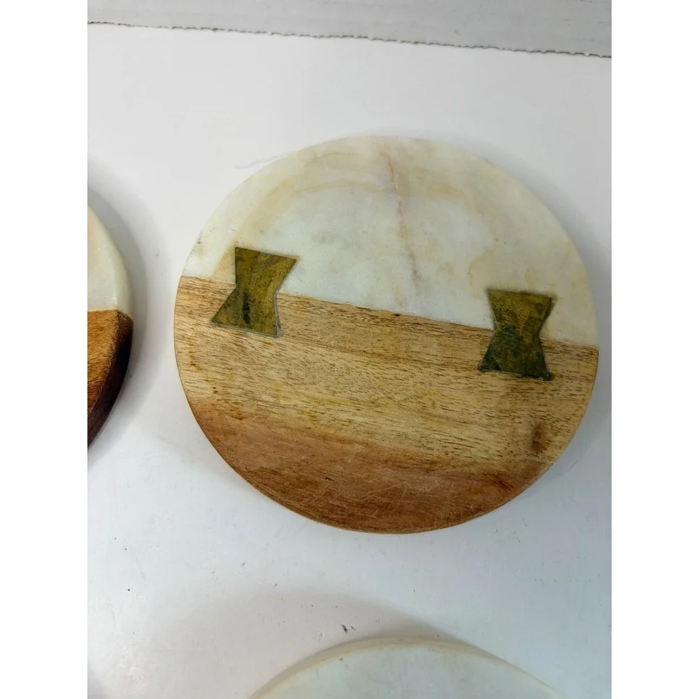 Crate and Barrel Marble Wood Round Coasters Brass Butterfly Inlay Two-Tone